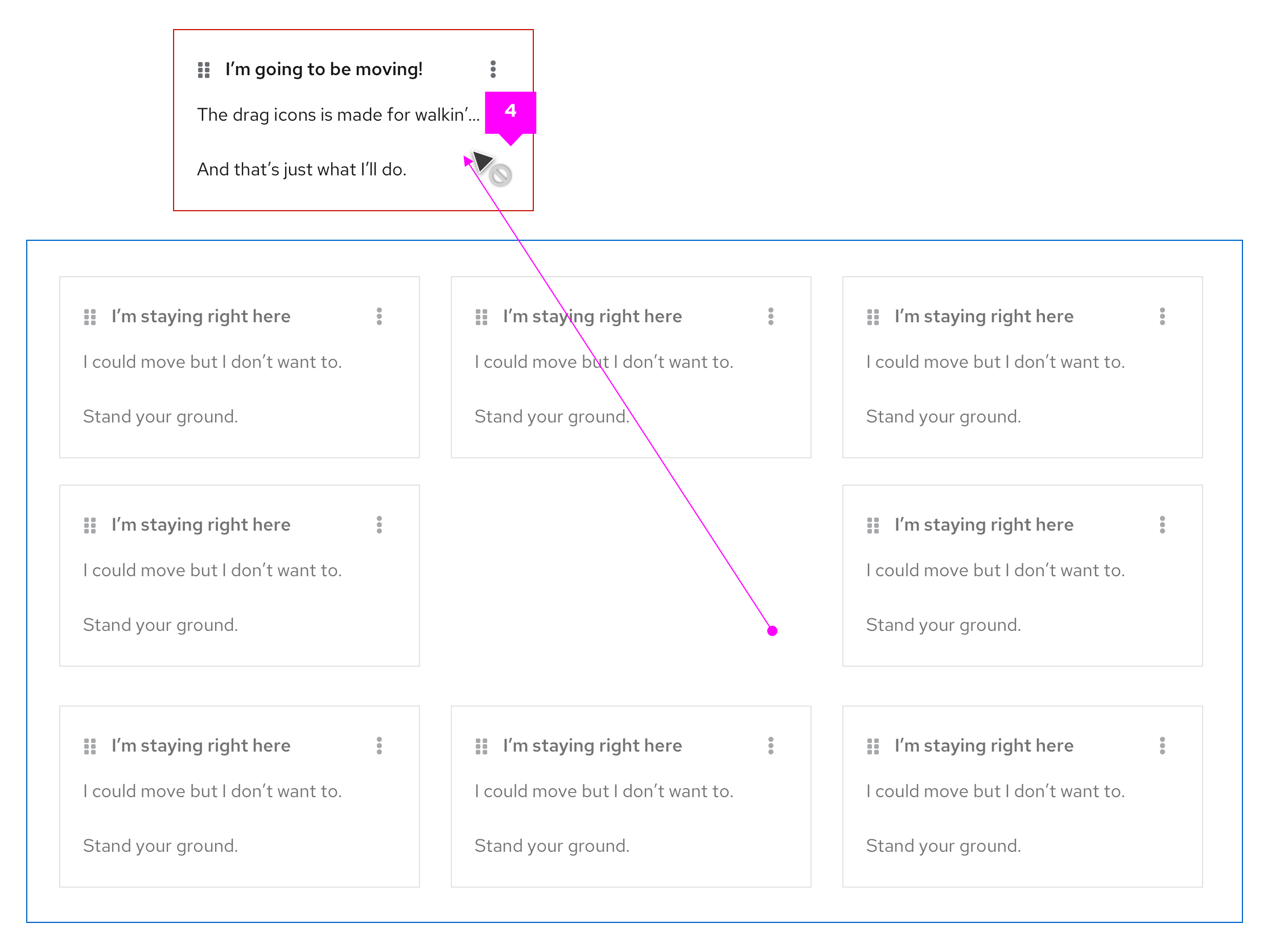 When dragging outside the bounding box the border color of the dragged item changes to pf-color-red-100 and the cursor changes to error state.