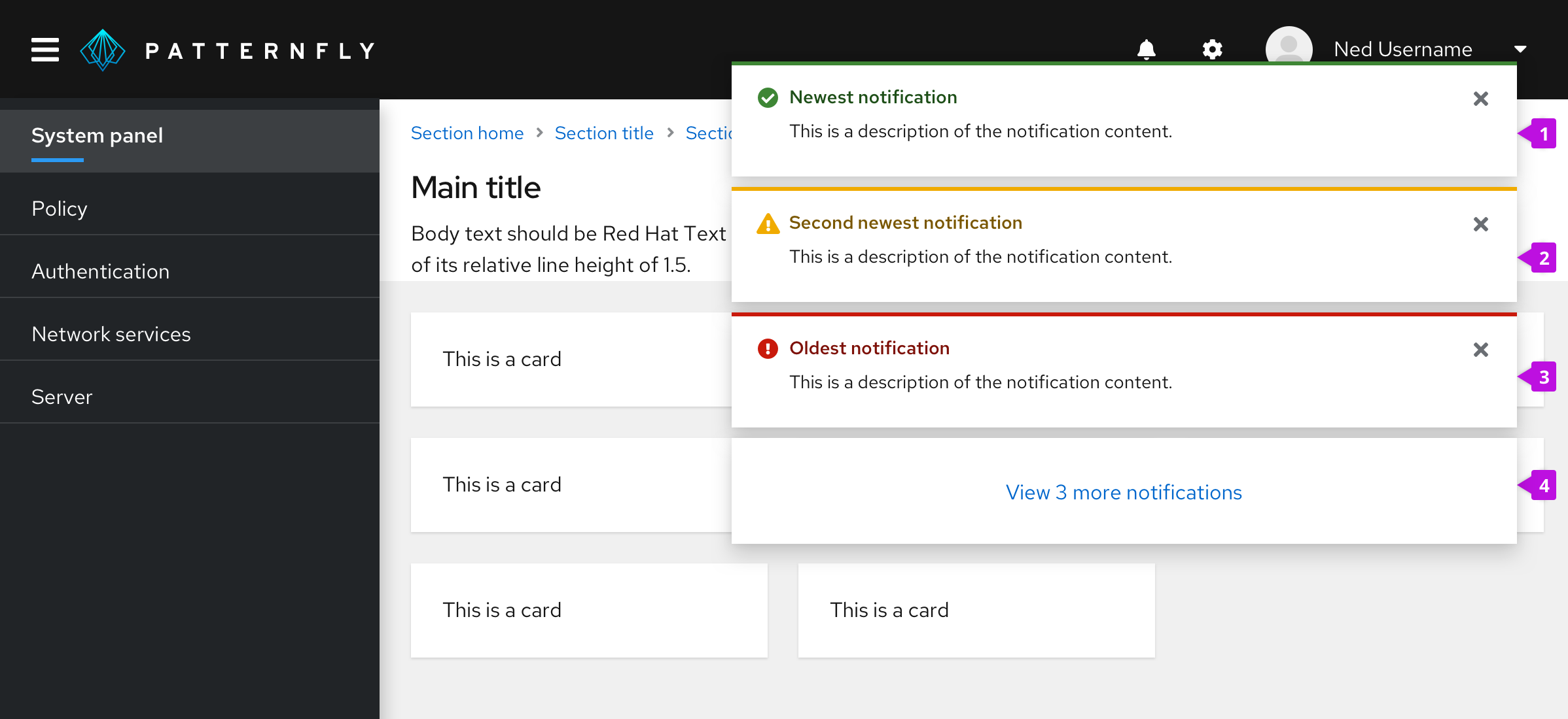 An example of an alert group stacked on a page. Each alert is labeled according to its place in the stack hierarchy: Newest on top, second newest in the middle, and oldest on the bottom.