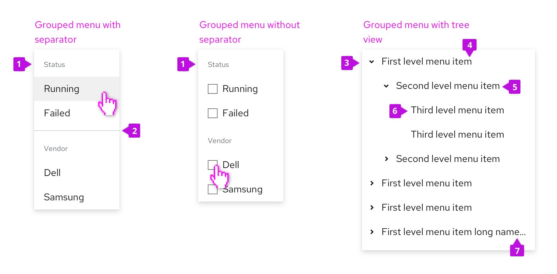 Grouped menu options with separator, without, and in tree view