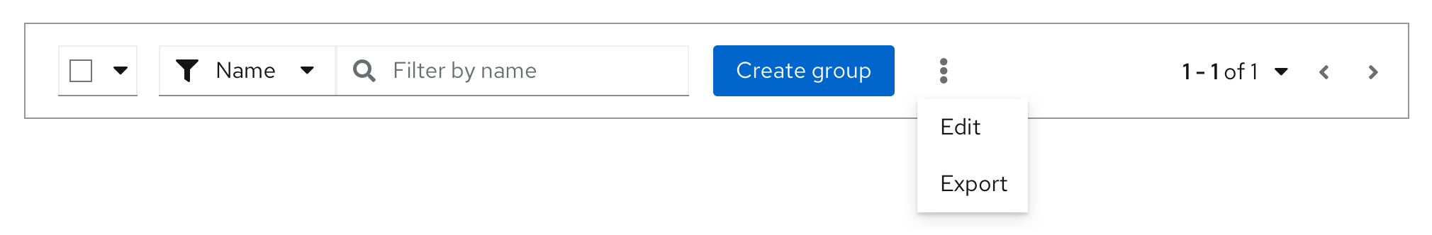 Post-overflow menu in toolbar, where toolbar has become smaller in width, prompting an overflow menu for secondary actions, while primary button persists in the toolbar itself