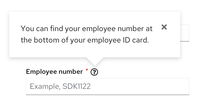 Example of a popover used in a form field to provide additional context for where a user can find the required information