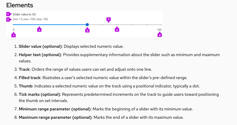 A screenshot of the slider component's element section with 8 elements outlined.