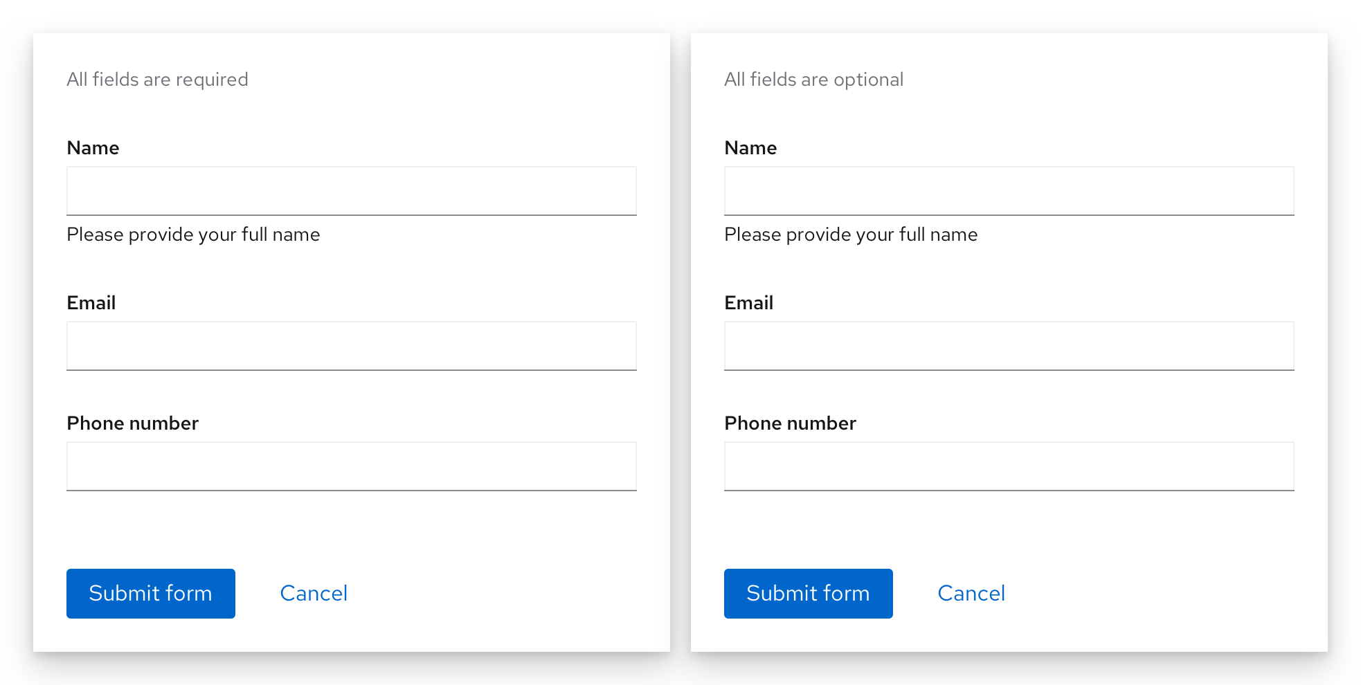 Example of two forms with indication at the top of whether all fields are required or all fields are optional