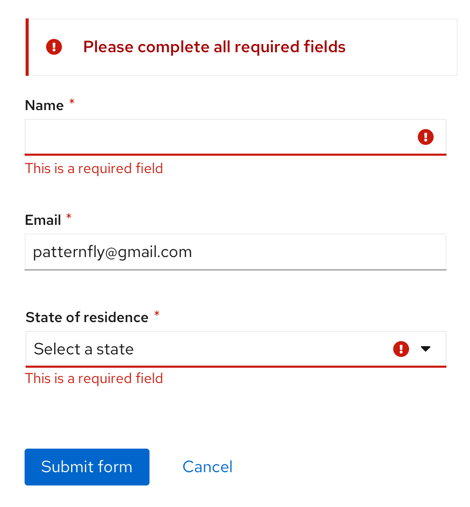 Example of errors after validation on submission, including an inline alert at the top, and field level errors